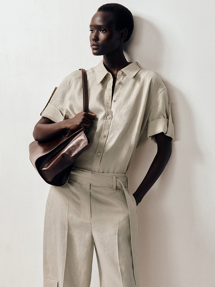 ベルト付きリネンバレルレッグパンツ